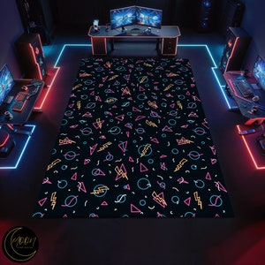 Mix Arcade Rug, Arcade Carpet with Neon Look for Game Room, Arcade Game Room Rug, Arcade Pattern Rug, Cool Game Room Carpet, Colorful Carpet