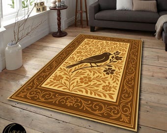 Bird Floral Rustic Rug, Vintage Botanical Area Carpet, Nature Inspired Brown Tan Living Room Decor, Washable Non Slip Mat, Woodland Rug