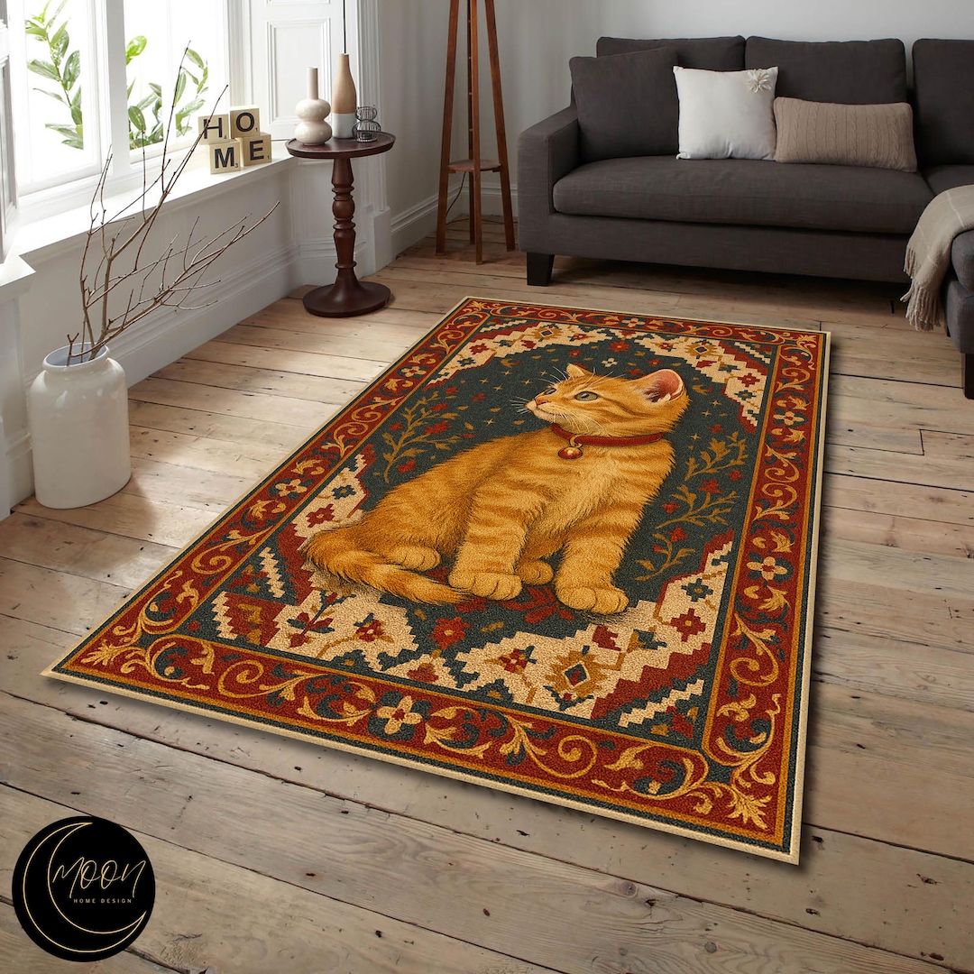 Vintage Cat Rug With Floral Border, Washable Area Carpet for Living ...