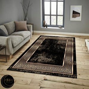 Gold Effect Black Modern Rug, Black and Gold Modern Carpet, Popular Living Room Carpet, Washabla Rug,  Elegance Rug, Living Room Area Rug