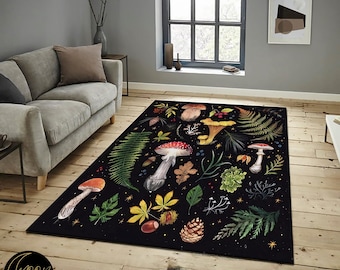 Alfombra con diseño de hongos: diseño floral primitivo, lavable y antideslizante.
