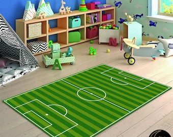 Soccer Field Kids Rug: Green Sport Theme, Non-Slip Washable Carpet