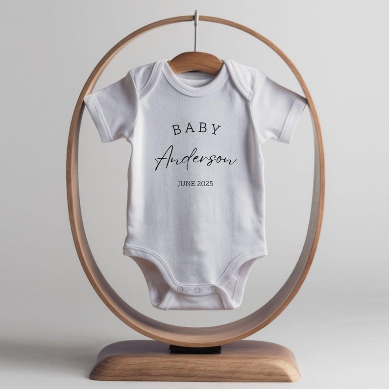 Pregnancy Announcement Baby Bodysuit - Newborn Baby Outfit Brand - Baby Announcement Bodysuit - Personalized Last Name - Baby Shower Décor White
