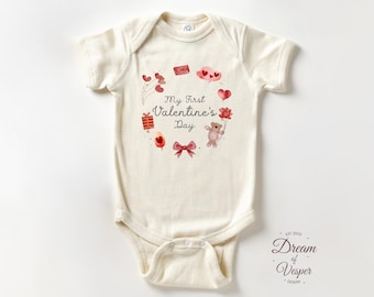 My First Valentine’s Day Baby Bodysuit, Sweet Holiday Bodysuit, Baby’s First Valentine’s Day Outfit, Natural Neutral Baby Clothes