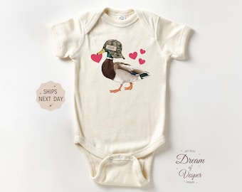 Personalized Mallard Duck Outfit, Valentines Day Bodysuit, Custom Valentine's Day Outfit, Camo Valentine Duck Baby Outfit, Baby Gift