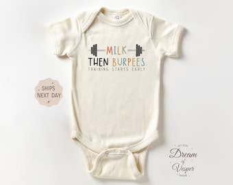 Milk Then Burpees Outfit, Funny Baby Workout Bodysuit, Gym Lover Baby Outfit, Fitness Baby Shower Gift, Natural Baby Outfit, Funny Outfit