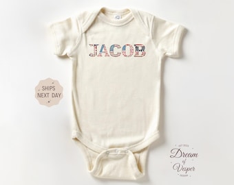 Personalized Patriotic Name Baby Outfit, Custom USA Flag Letter Bodysuit, 4th of July Baby Outfit, American Baby Gift, Natural Baby Clothes