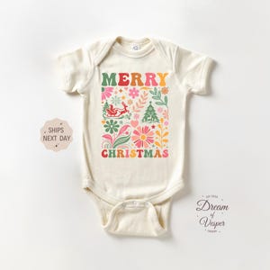 Merry Christmas Baby Onesie®, Baby&#39;s First Christmas Bodysuit, Christmas Baby Gift, Retro Baby&#39;s First Christmas Onesie®, Newborn Bodysuit
