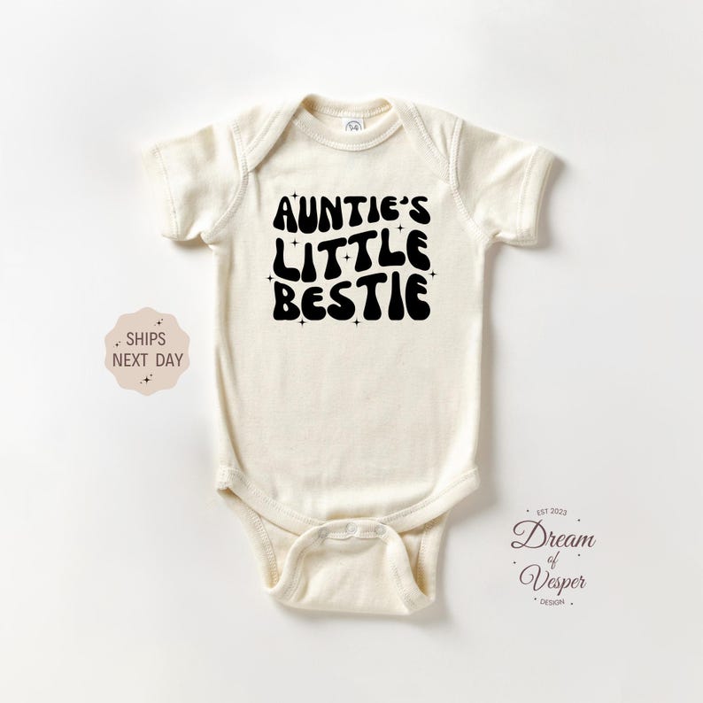 Auntie's Little Bestie Outfit, Cute Gift From Aunt, Family Baby Bodysuit, I Love My Aunt Outfit, Retro Baby Outfit, Baby Shower Gift image 1
