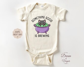 Something Good Is Brewing Baby Outfit, Cute Cat In Cauldron Bodysuit, Funny Witch Baby Outfit, Spooky Baby Shower Gift, Halloween Outfit