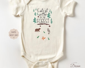 Cutest Critter In The Forest Outfit, Woodland Animals Baby Bodysuit, Baby Announcement Outfit, Baby Shower Gift, Cute Natural Baby Outfit
