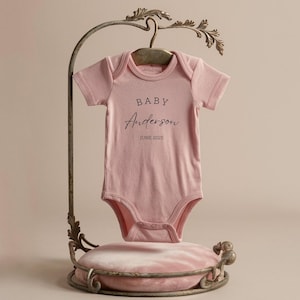 Pregnancy Announcement Baby Bodysuit - Newborn Baby Outfit Brand - Baby Announcement Bodysuit - Personalized Last Name - Baby Shower Décor Light Pink