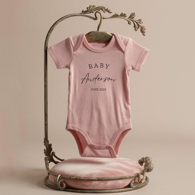 Pregnancy Announcement Baby Bodysuit - Newborn Baby Outfit Brand - Baby Announcement Bodysuit - Personalized Last Name - Baby Shower Décor Light Pink