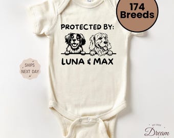 Protected by Pets Outfit, Baby Shower Gift, Custom Dogs Outfit, Personalized Baby Gift, Custom Dog Breeds, Natural Baby Bodysuit