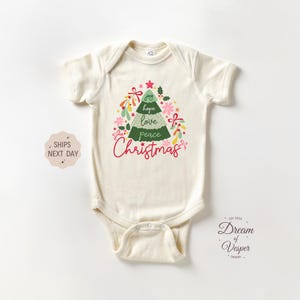 Joy Hope Love Peace Christmas Onesie®, Festive Holiday Tree Bodysuit, Cute Christmas Baby Onesie®, Retro Christmas Baby Outfit
