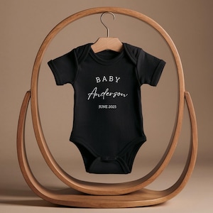 Pregnancy Announcement Baby Bodysuit - Newborn Baby Outfit Brand - Baby Announcement Bodysuit - Personalized Last Name - Baby Shower Décor Black
