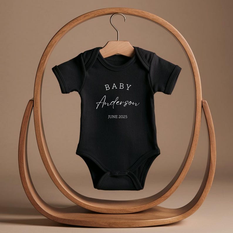 Pregnancy Announcement Baby Bodysuit - Newborn Baby Outfit Brand - Baby Announcement Bodysuit - Personalized Last Name - Baby Shower Décor Black