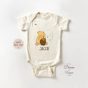 Personalized Name Baby Pooh Bear Onesie®, Custom Name Baby Announcement Bodysuit, Trendy Natural Animal Outfit, Cute Pooh Onesie®
