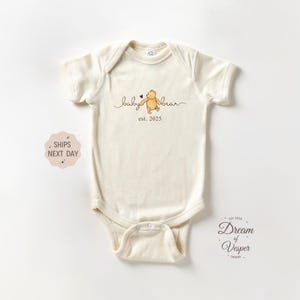Baby Pooh Bear Onesie®, Personalized New Baby Bodysuit, Cute bear Announcement Baby Onesie®, Coming Soon Baby Onesie®, Custom Baby Onesie®