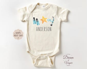 Personalized Snorkel Baby Outfit, Custom Beach Baby Bodysuit, Ocean Themed Baby Outfit, Sea Life Baby Shower Gift, Summer Baby Clothes