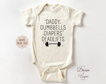 Daddy Dumbbells Diapers Deadlifts Baby Outfit, Funny Gym Bodysuit, Cute Fitness Baby Outfit, Strong Dad Baby Shower Gift