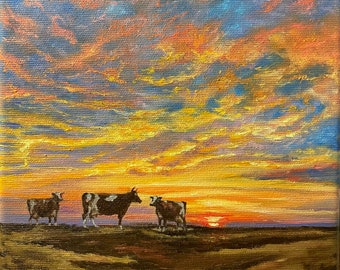 Vaches au coucher du soleil Peinture originale à l’huile