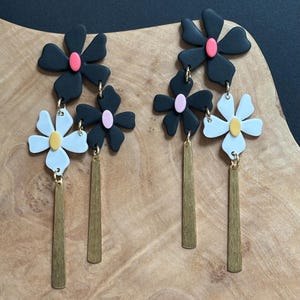 Black & White Flower Statement Earrings: Polymer Clay Dangle Earrings