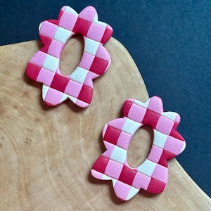 Gingham Flower Stud Earrings: Red & Pink Checkered Clay