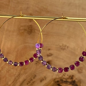 Beaded Hoop Earrings: Amethyst, Ruby & Gold Plated Brass