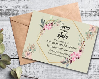 Gold and Pink Boho Flower Wedding Invitation Template.