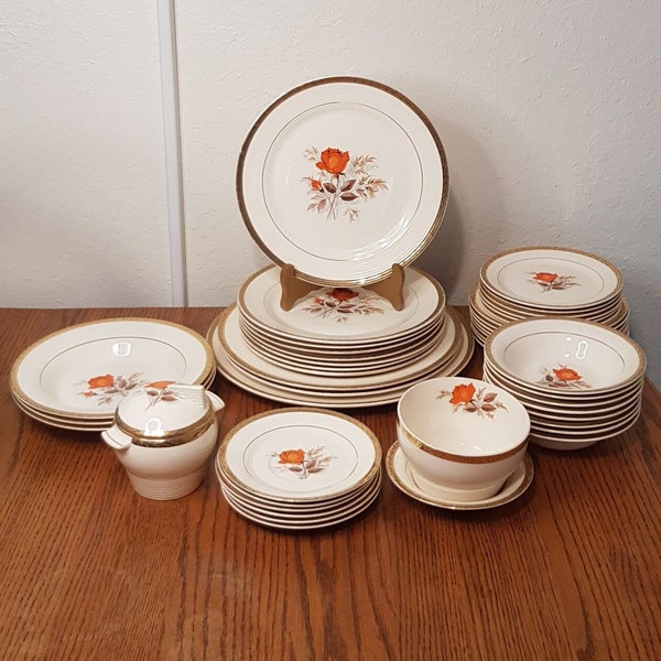 Triumph American Limoges Vermillion Rose 22K Gold Vintage Dinnerware Set of 44 Pieces