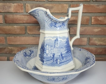 Antique JR and Co Ridgway University Pattern Wash Bowl and Pitcher