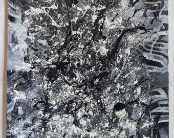 May include: Abstract black and white painting with a textured, splattered effect. The painting has a chaotic and energetic feel.