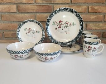 Thomson Pottery China Snowman Green Dinnerware Set