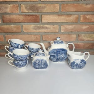 Liberty Blue Historical Colonial Scenes Staffordshire Ironstone England Tea Set