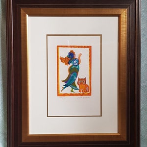 Judith Bledsoe Signed and Numbered Framed Lithograph on Paper Lady With Cat 120/175 - 22&#39;&#39;x18&#39;&#39;