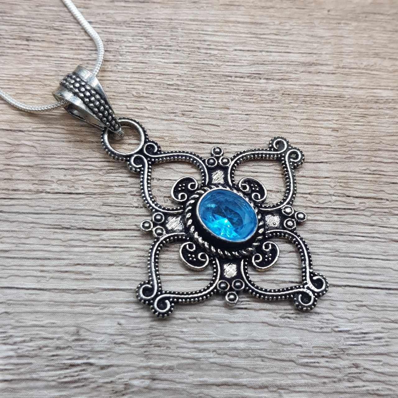 Collier Vintage - Chaîne Argent Sterling 925 Avec Pendentif Croix Et Topaze Bleue Marcassite