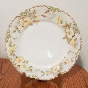 H & Co. L France (Haviland And Co Limoges) Antique Hand Painted Cabinet Plate, Yellow Flowers Decor with Gold Trim