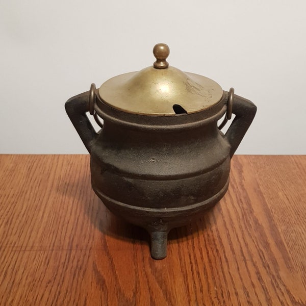 Antique Cast Iron Fire Starter Pot with Brass Lid