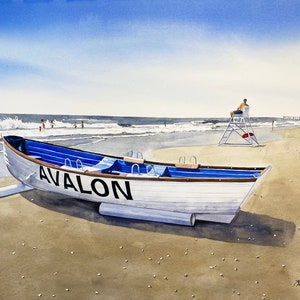 Avalon NJ Life Boat Watercolor Print Beach Coastal Art