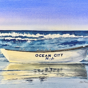 Ocean City NJ Life Boat OCNJ lifeboat Watercolor Print Beach Coastal Art