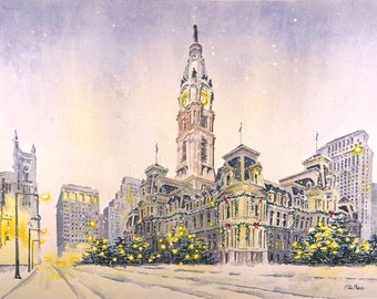 May include: A watercolor painting of the Philadelphia City Hall building decorated with Christmas lights and snow falling in the background.