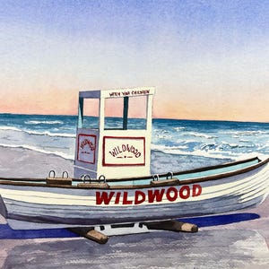 May include: Watercolor painting of a white boat on a beach with the word "Wildwood" in red. The boat has a small structure with the words "Watch Your Children". The ocean and sky are in the background.