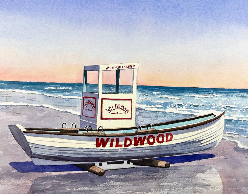 May include: Watercolor painting of a white boat on a beach with the word "Wildwood" in red. The boat has a small structure with the words "Watch Your Children". The ocean and sky are in the background.