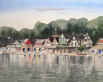 Boathouse Row 2, Philadelphia watercolor print. Matted print of iconic Philly landmark