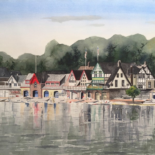 Boathouse Row 2, Philadelphia watercolor print. Matted print of iconic Philly landmark