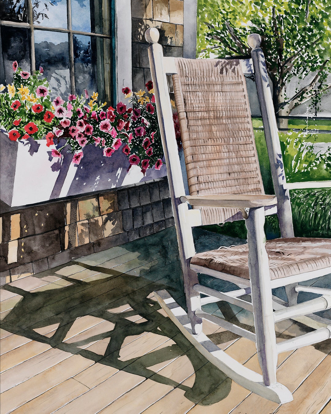 Wicker Rocking Chair on Porch. Matted Watercolor Print - Etsy