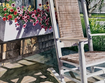 Wicker Rocking Chair on Porch. Matted Watercolor Print