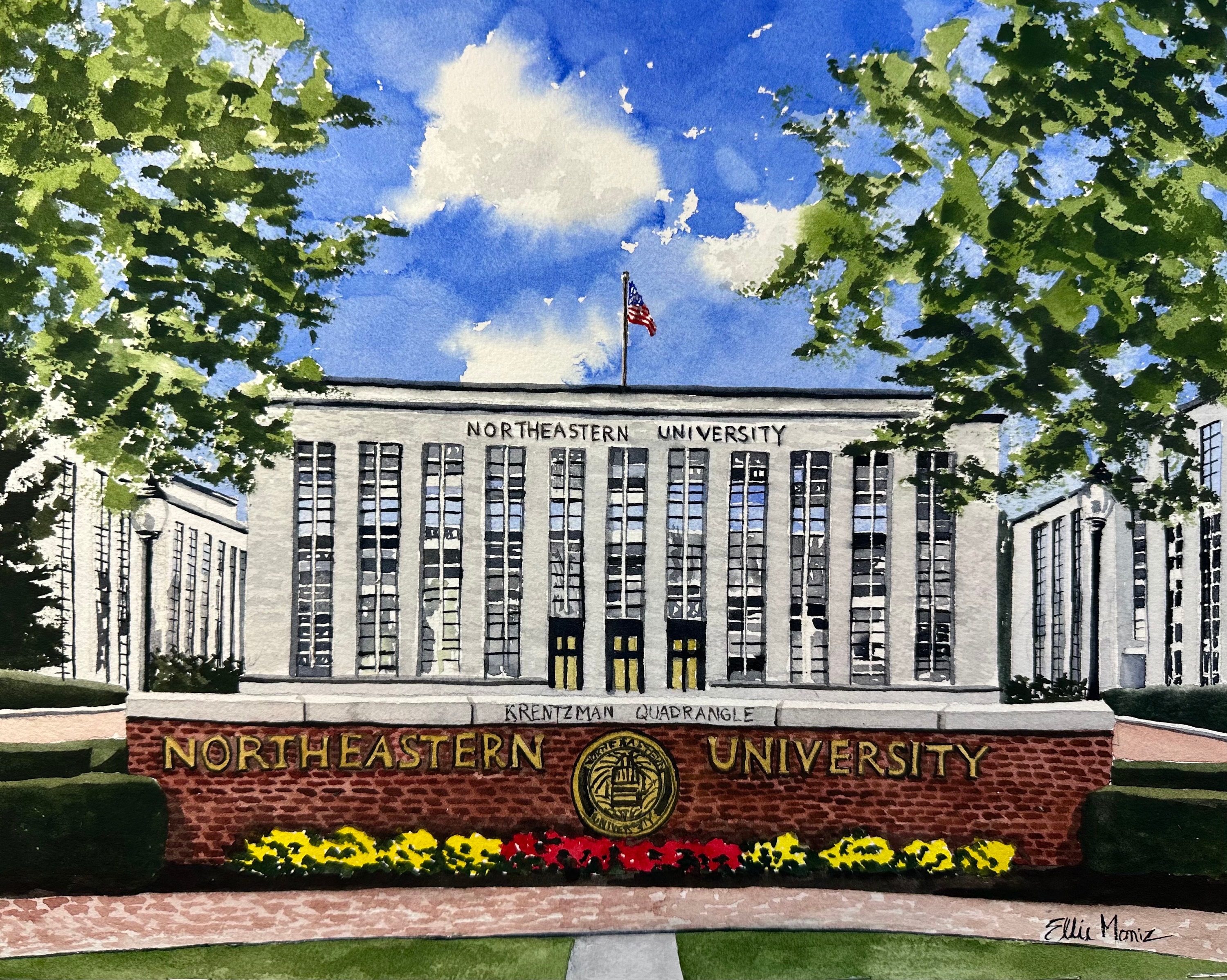Northeastern University Quad Painting. Matted watercolor print, wall art