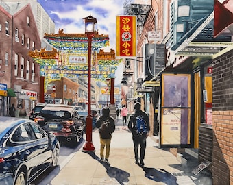 Philadelphia Chinatown Painting. Matted watercolor print Philly wall art